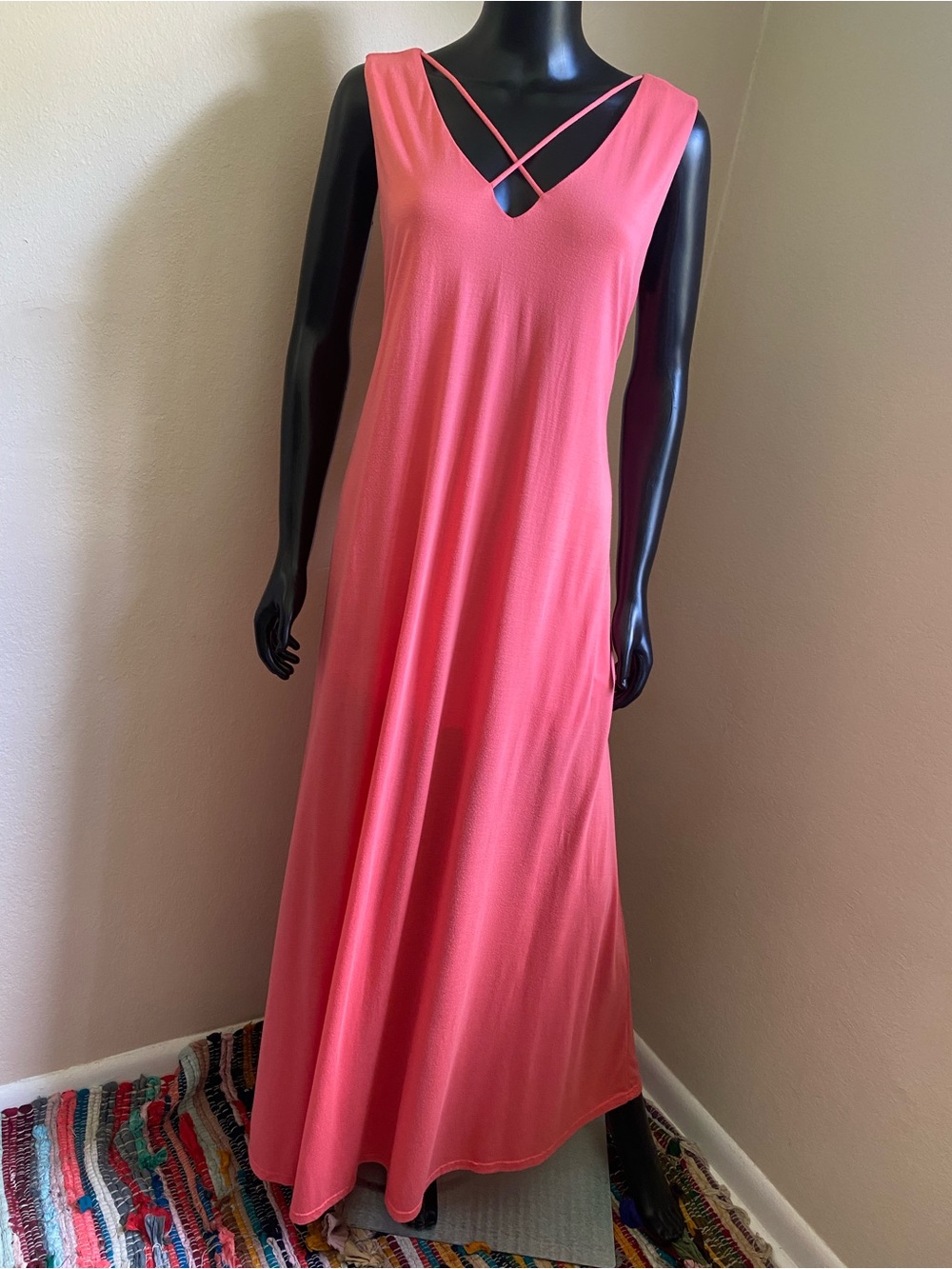 She + Sky Coral V-Neck Maxi Dress with Crisscross Back